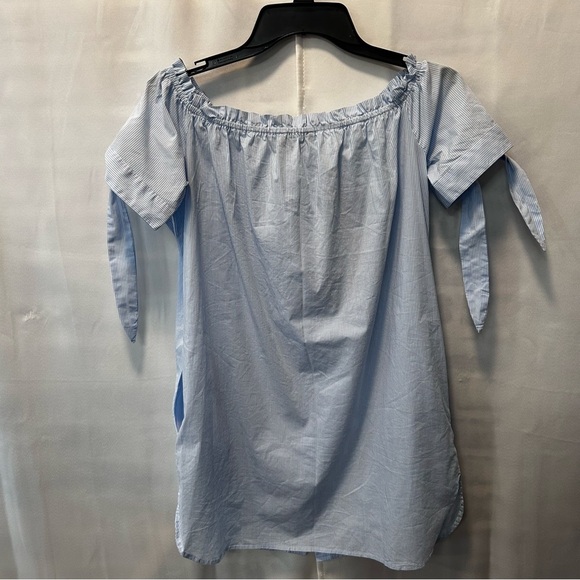 Off-Shoulder Blue Stripe Button Down Tunic Blouse with Red Rose Detail Sz S - Picture 3 of 6